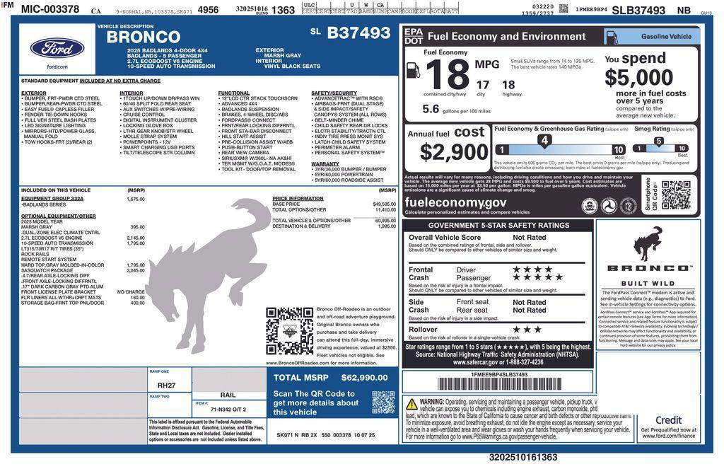 new 2025 Ford Bronco car, priced at $60,652