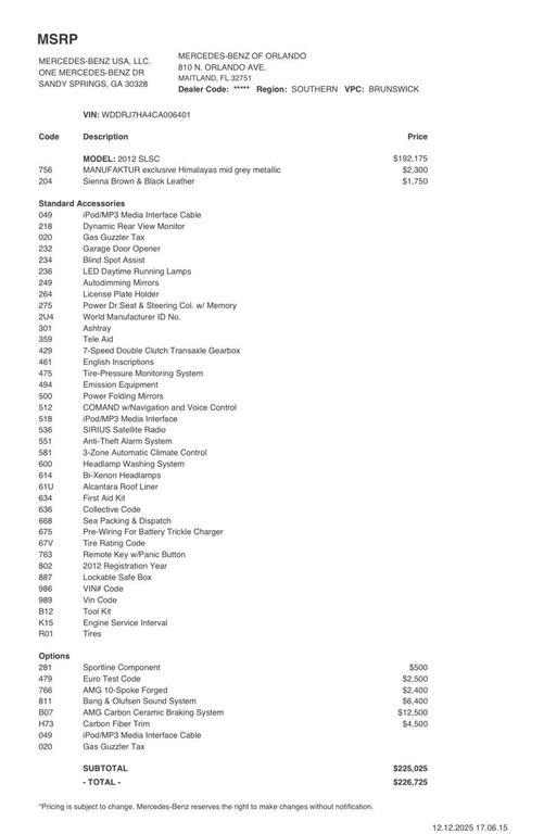 used 2012 Mercedes-Benz SLS AMG car, priced at $274,995