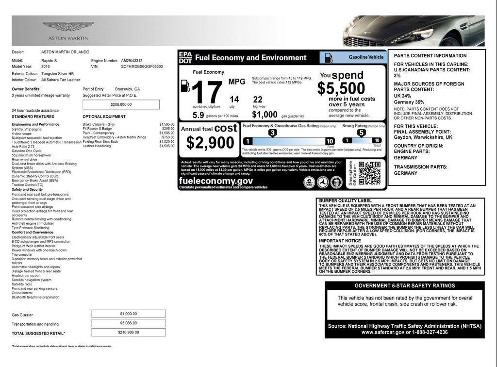 used 2016 Aston Martin Rapide S car, priced at $76,995
