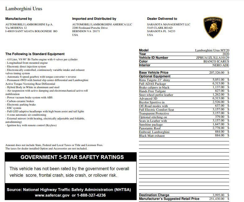 used 2020 Lamborghini Urus car, priced at $184,995