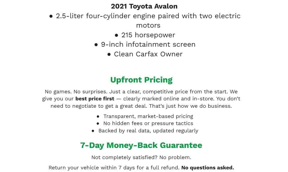 used 2021 Toyota Avalon Hybrid car, priced at $25,987