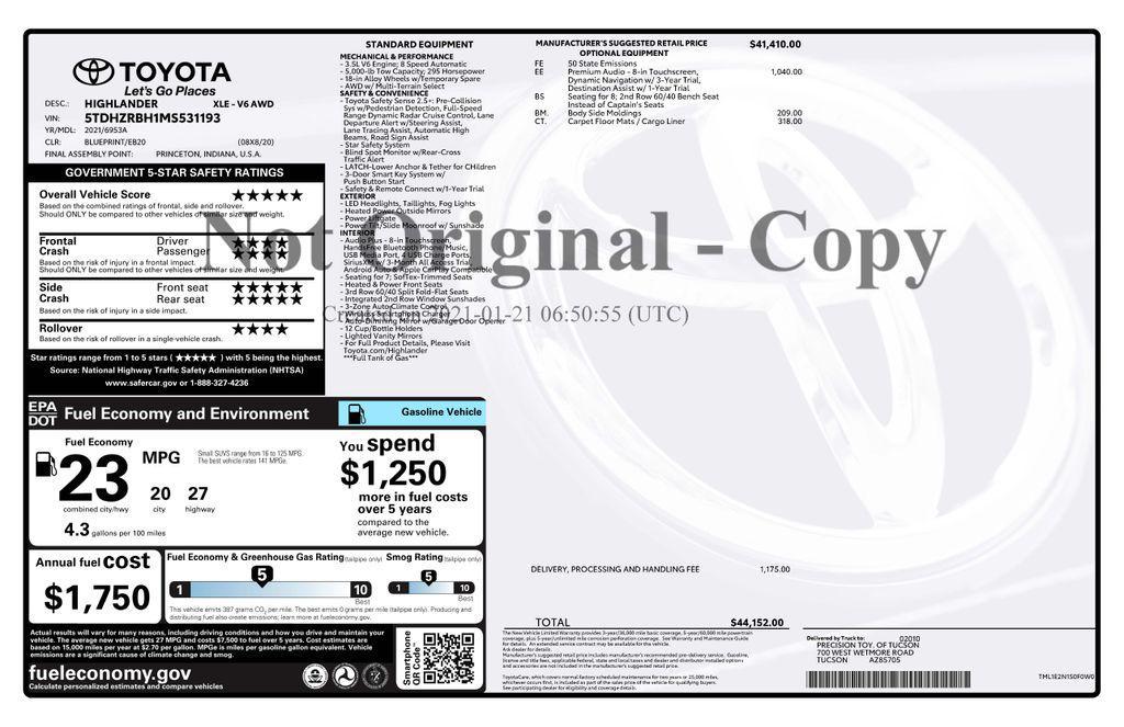 used 2021 Toyota Highlander car, priced at $24,973