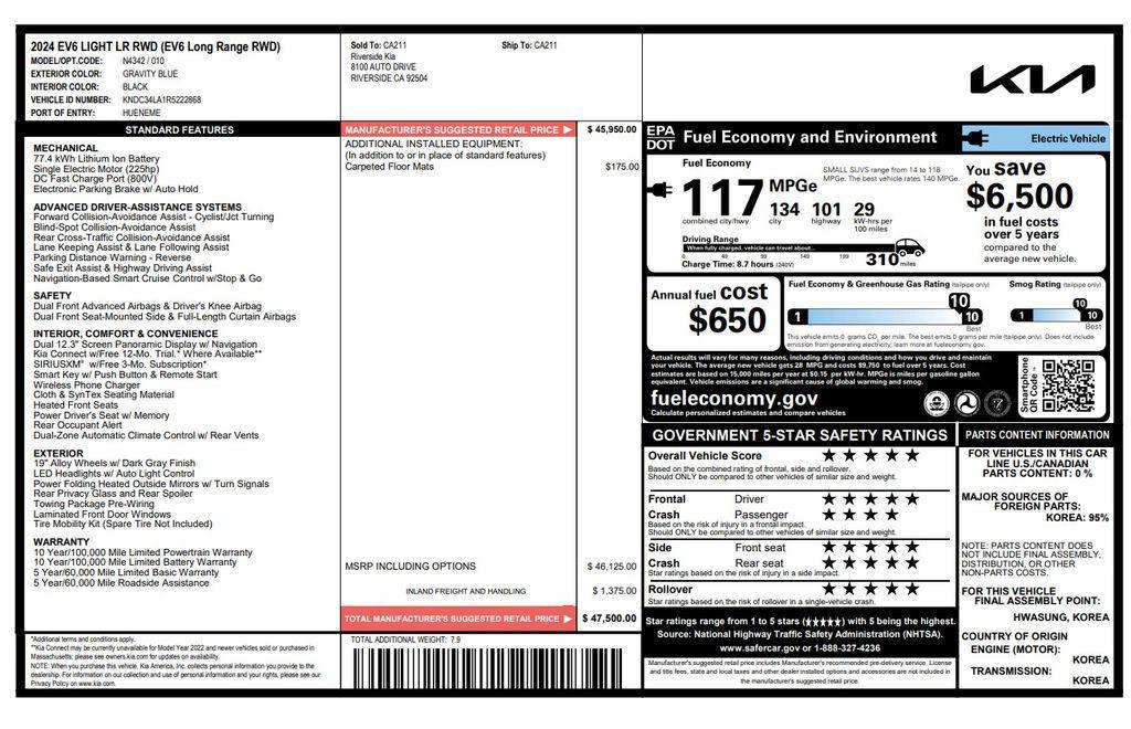 used 2024 Kia EV6 car, priced at $23,375