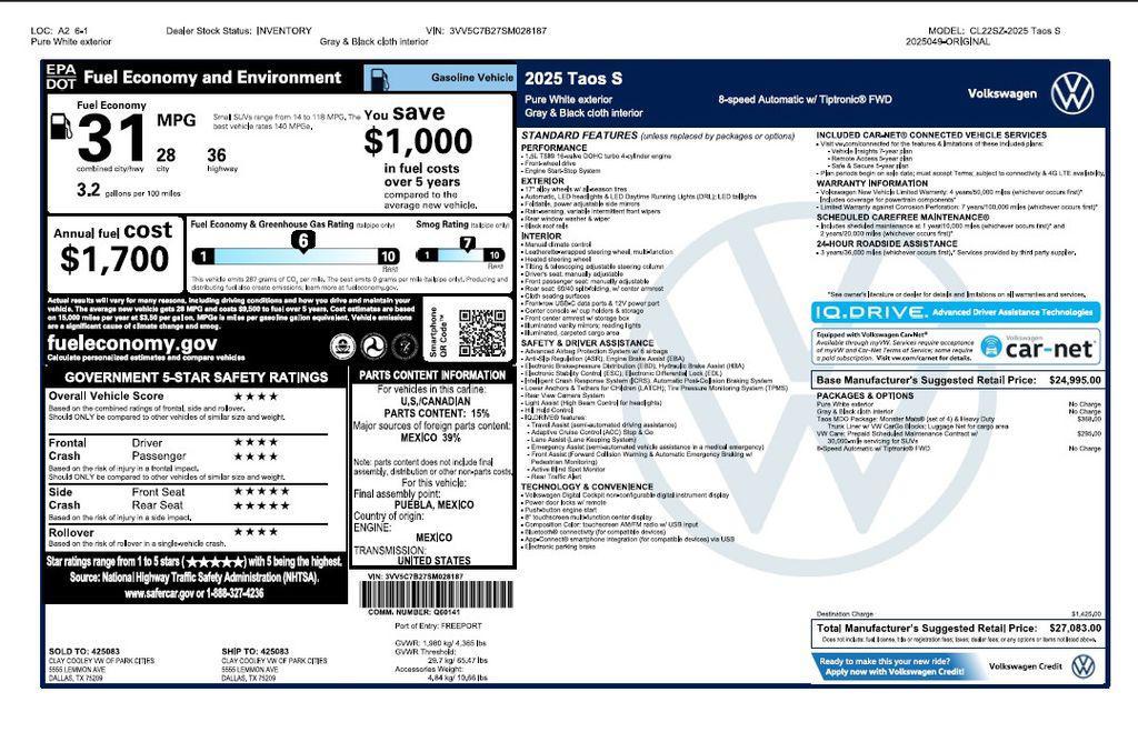 used 2025 Volkswagen Taos car, priced at $23,973