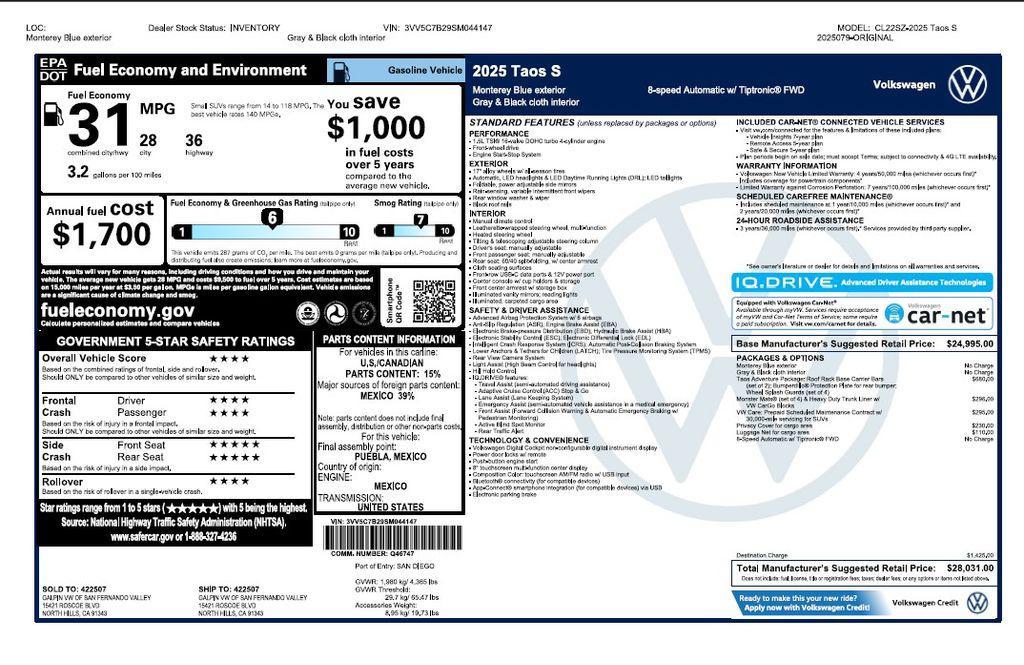 used 2025 Volkswagen Taos car, priced at $21,973