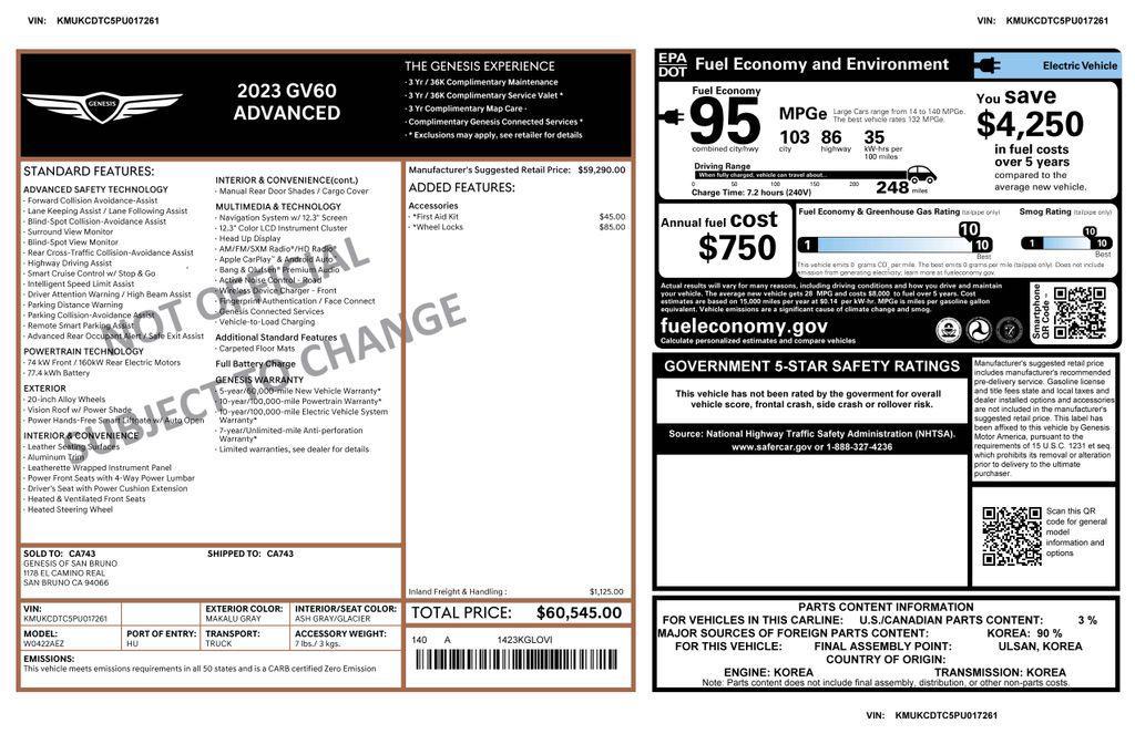 used 2023 Genesis GV60 car, priced at $24,475