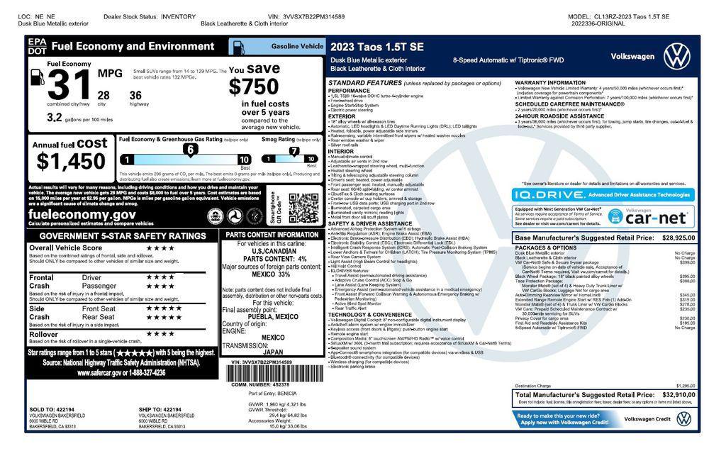 used 2023 Volkswagen Taos car, priced at $19,973