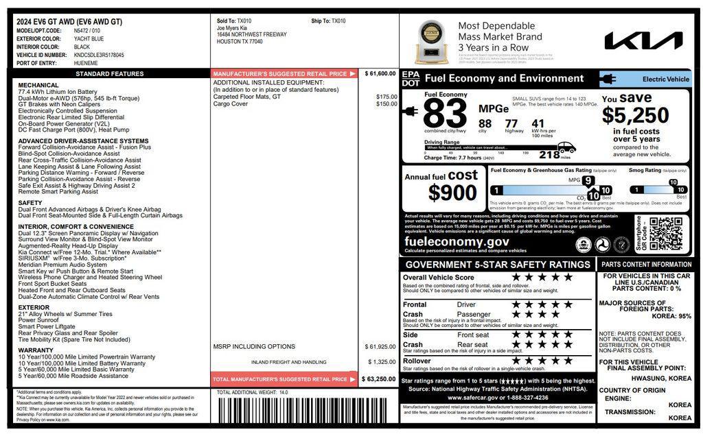 used 2024 Kia EV6 car, priced at $35,673