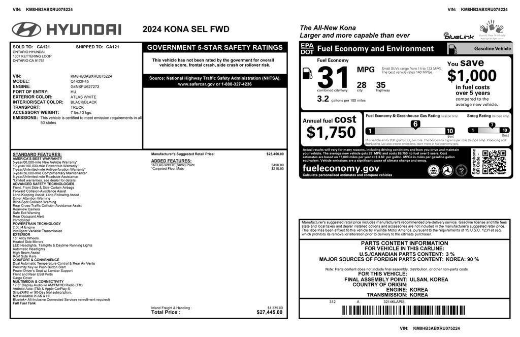 used 2024 Hyundai Kona car, priced at $19,773