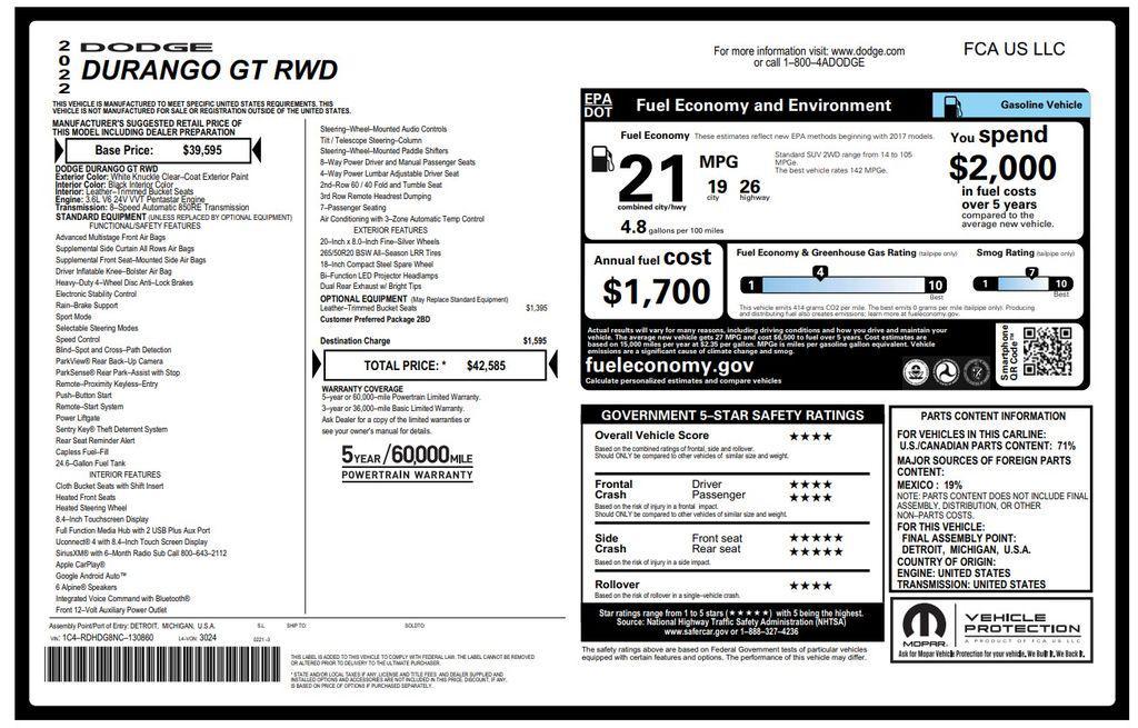 used 2022 Dodge Durango car, priced at $25,275