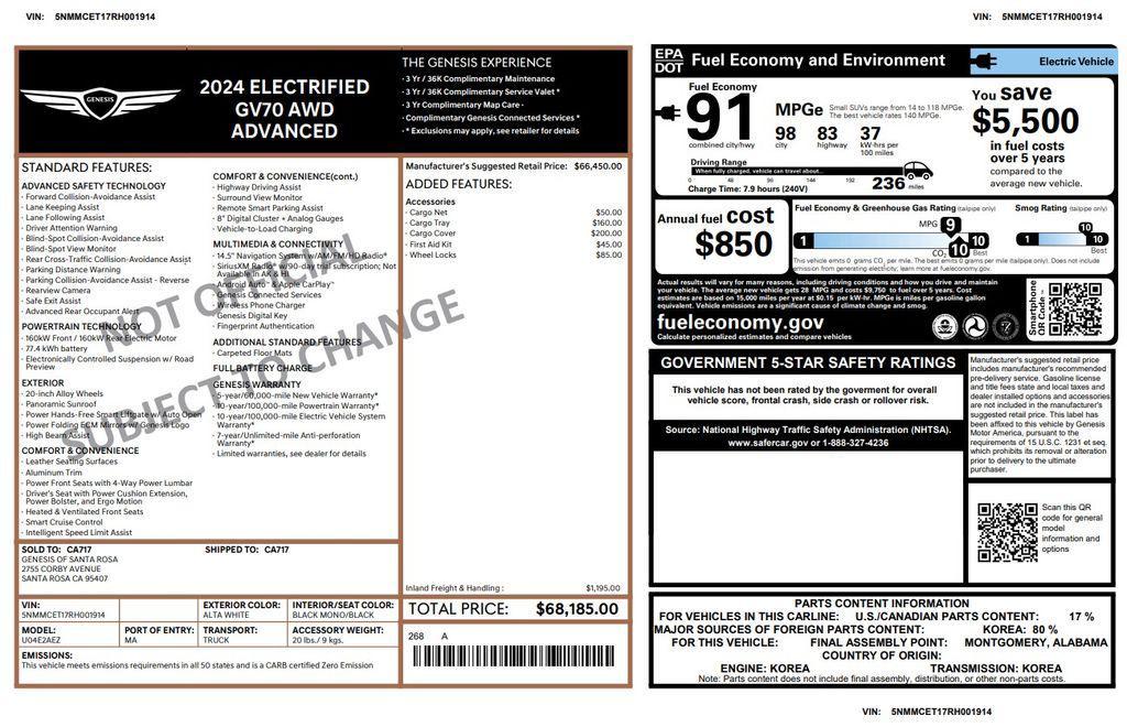 used 2024 Genesis Electrified GV70 car, priced at $28,973