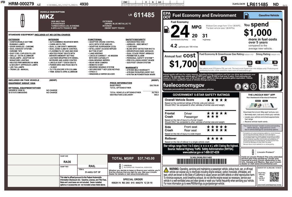 used 2020 Lincoln MKZ car, priced at $14,495