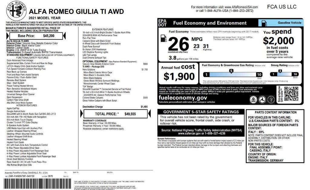 used 2021 Alfa Romeo Giulia car, priced at $23,500