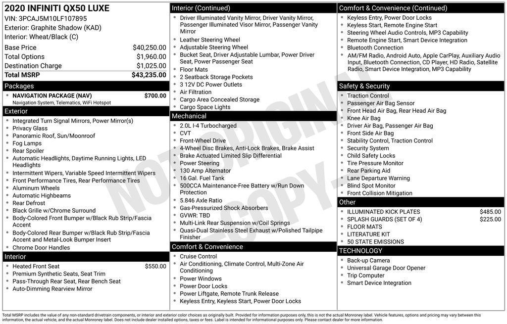 used 2020 INFINITI QX50 car, priced at $18,750