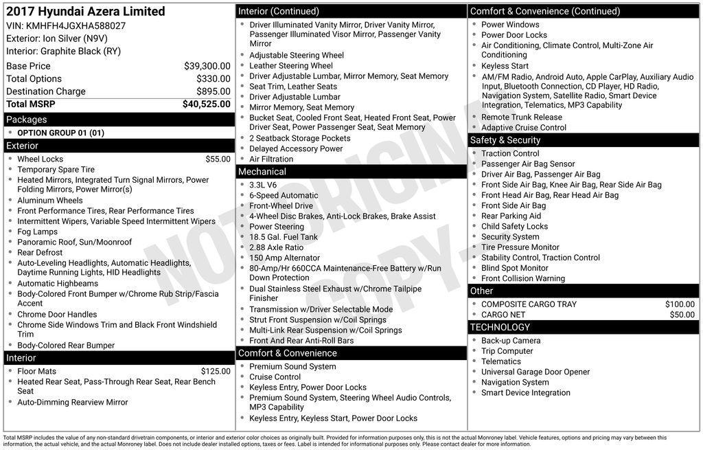 used 2017 Hyundai Azera car, priced at $13,749