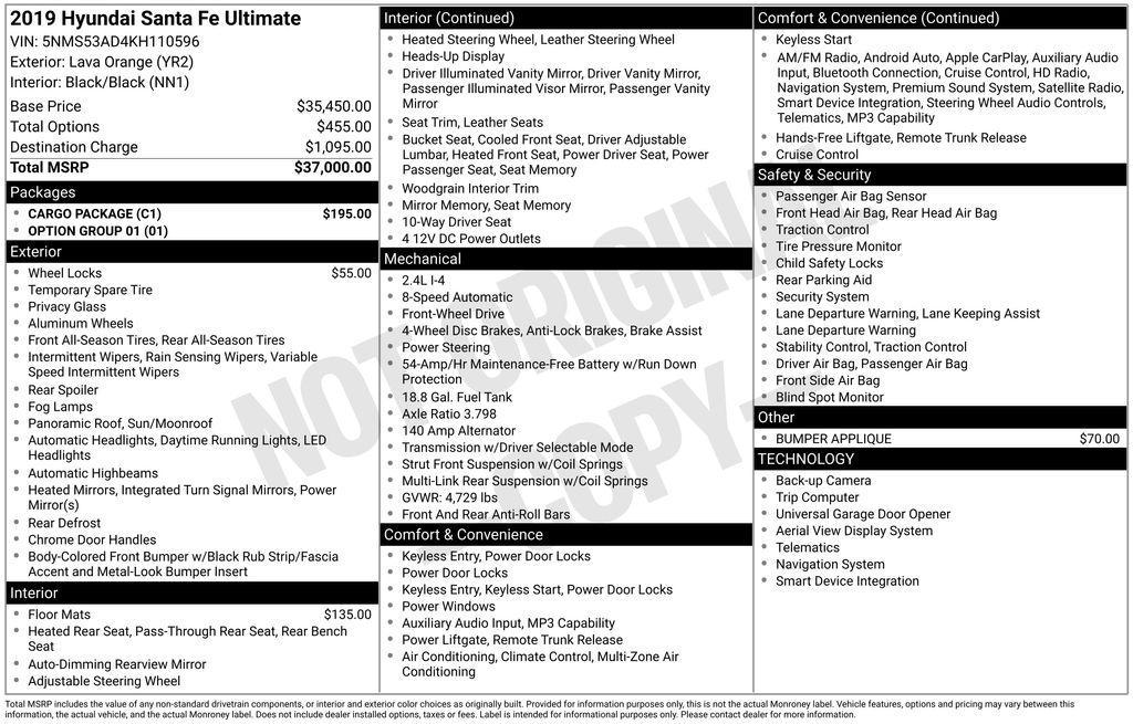 used 2019 Hyundai Santa Fe car, priced at $19,500