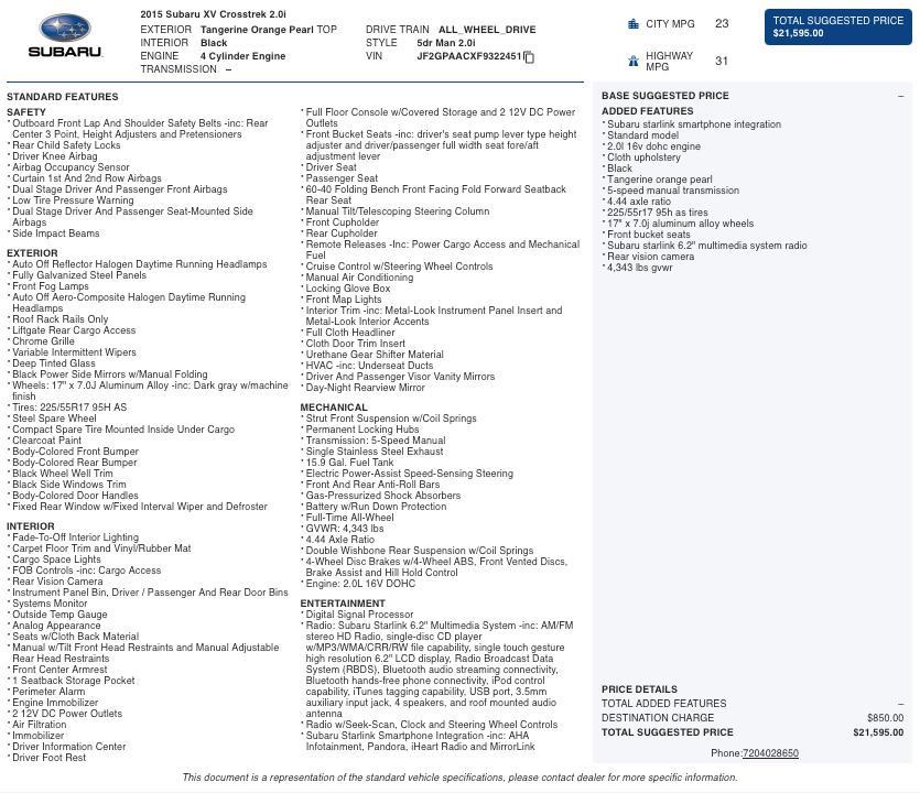 used 2015 Subaru XV Crosstrek car, priced at $16,798