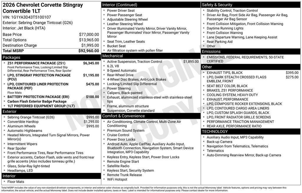 new 2026 Chevrolet Corvette car, priced at $86,660