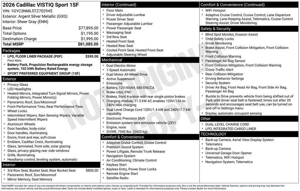 new 2026 Cadillac VISTIQ car, priced at $80,740