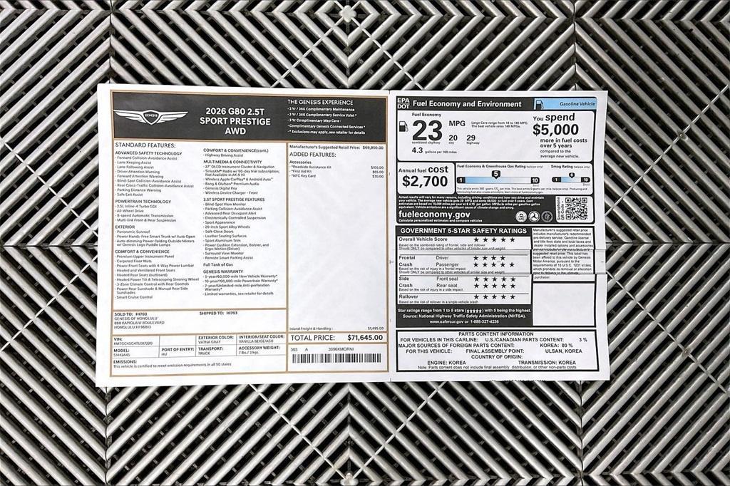 new 2026 Genesis G80 car, priced at $78,533