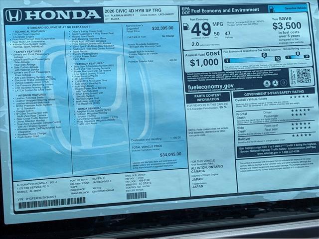 new 2026 Honda Civic Hybrid car, priced at $34,310
