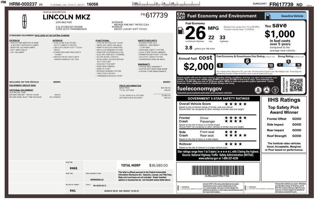 used 2015 Lincoln MKZ car, priced at $10,001