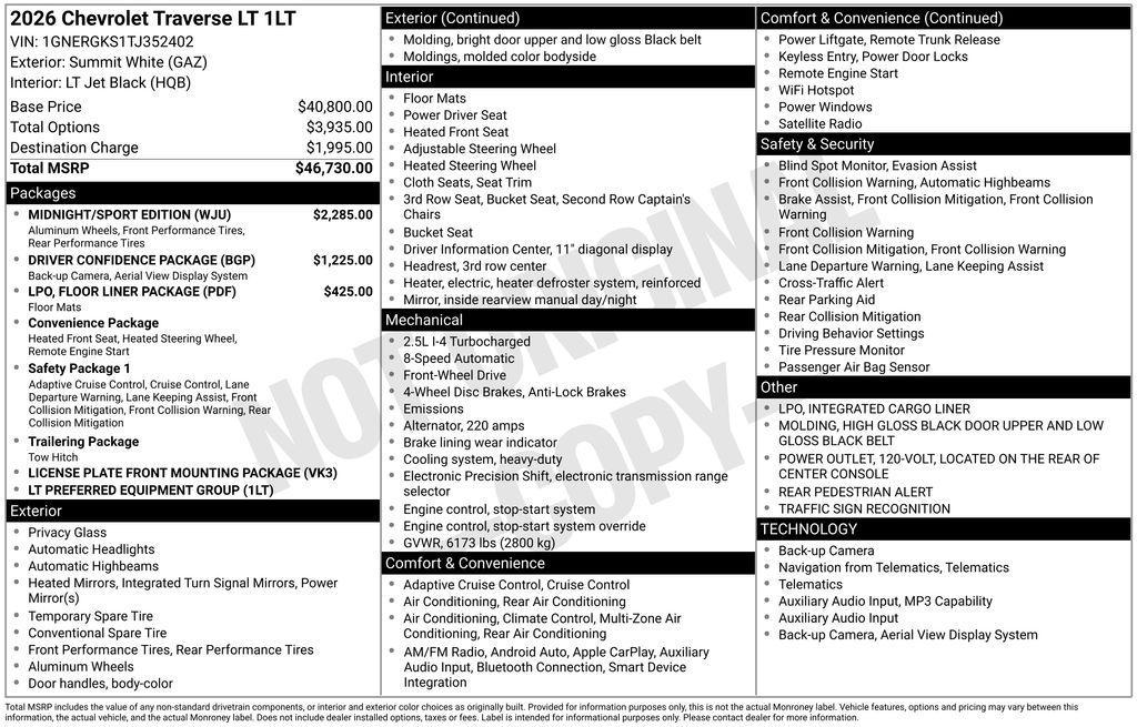 new 2026 Chevrolet Traverse car, priced at $45,617