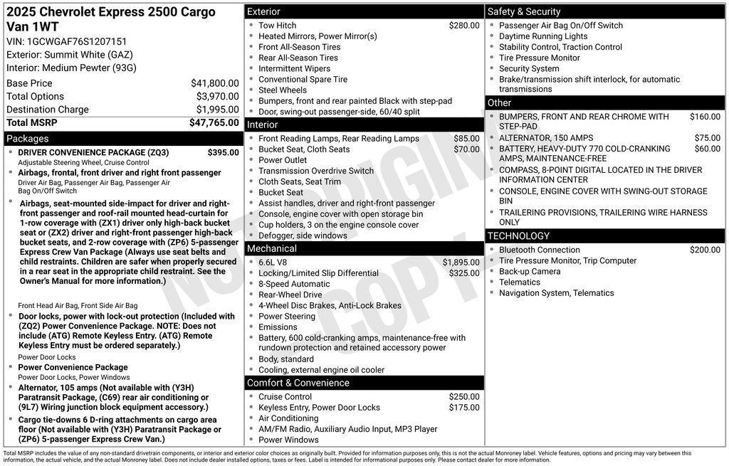 new 2025 Chevrolet Express 2500 car, priced at $47,159