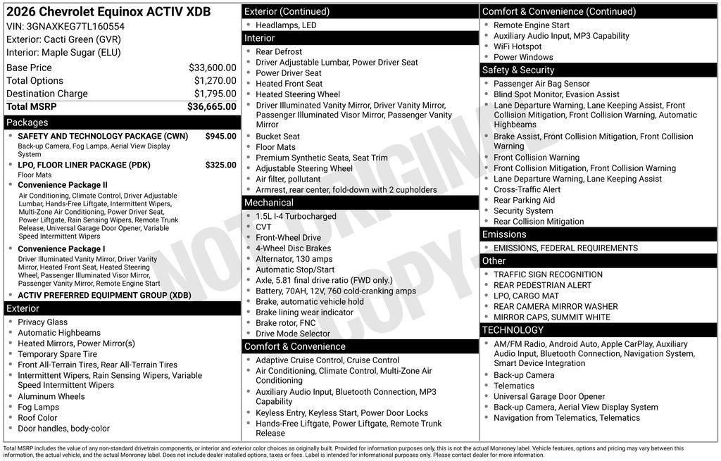 new 2026 Chevrolet Equinox car, priced at $33,525