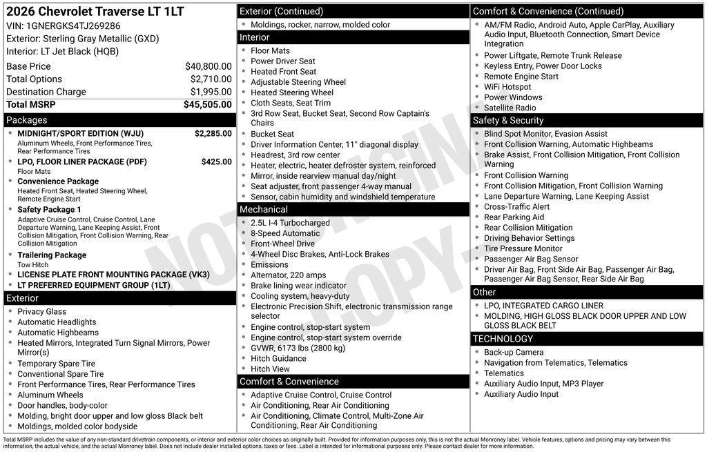 new 2026 Chevrolet Traverse car, priced at $44,472