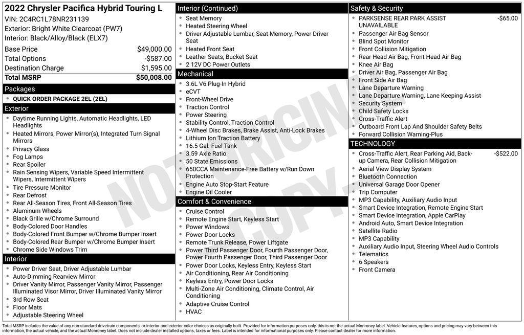 used 2022 Chrysler Pacifica Hybrid car, priced at $27,700