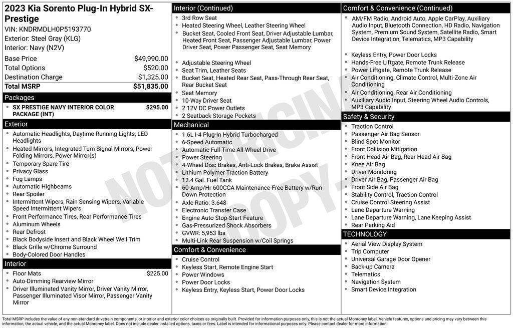 used 2023 Kia Sorento Plug-In Hybrid car, priced at $33,800