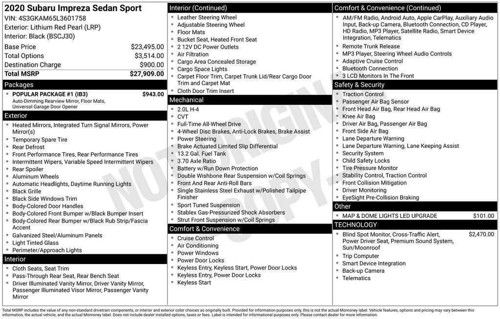 used 2020 Subaru Impreza car, priced at $17,500