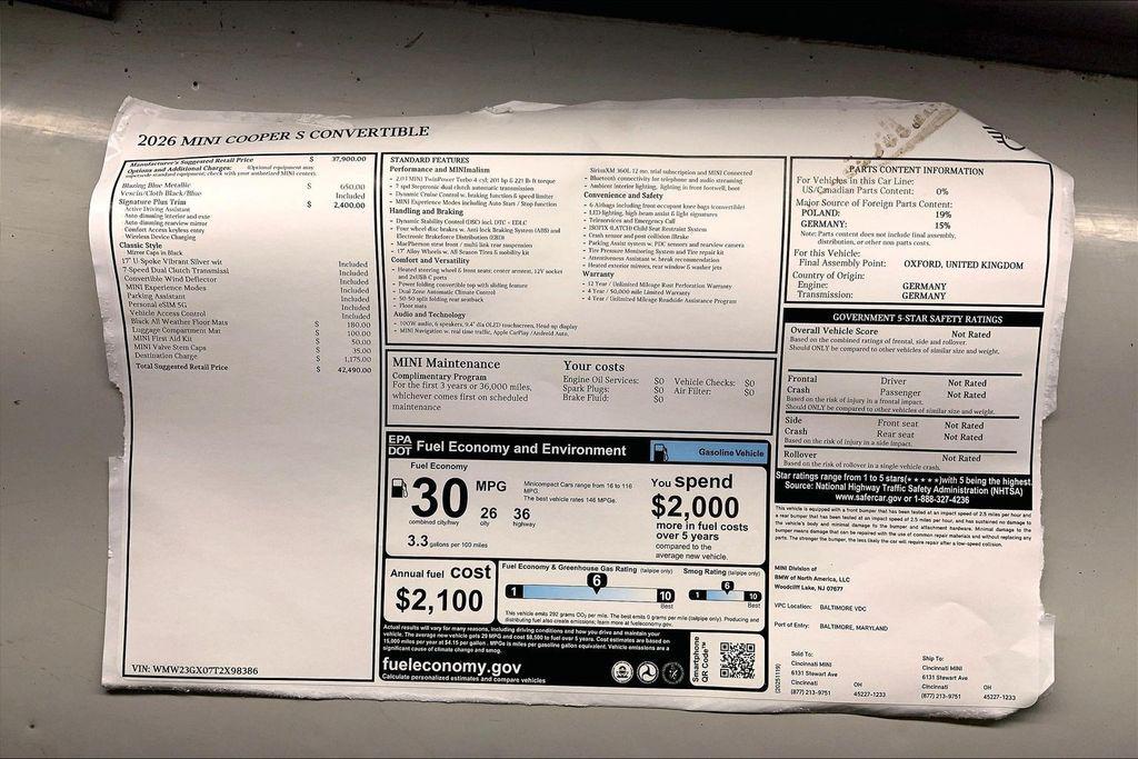 new 2026 MINI Convertible car, priced at $42,490