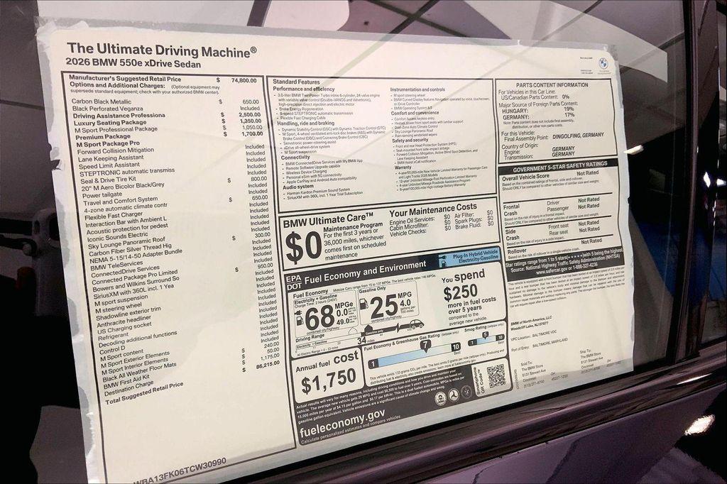 new 2026 BMW 550e car, priced at $86,215