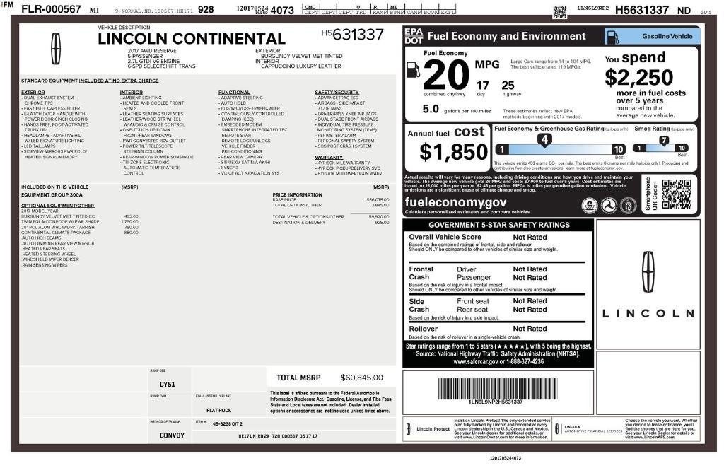 used 2017 Lincoln Continental car, priced at $15,959