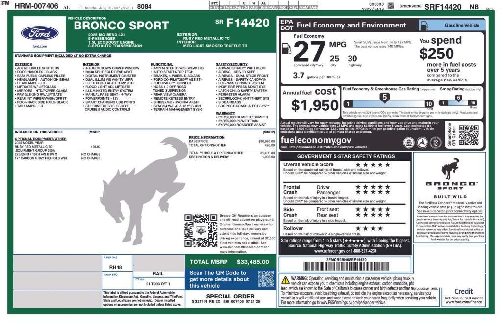 new 2025 Ford Bronco Sport car, priced at $29,781