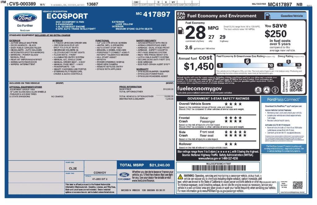 used 2021 Ford EcoSport car, priced at $10,959