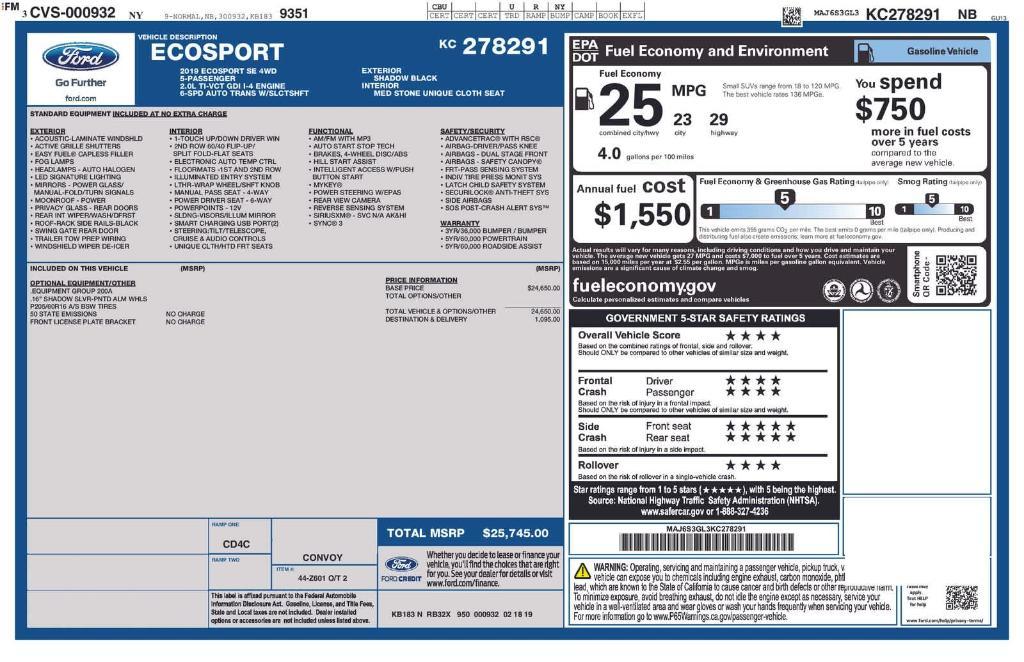 used 2019 Ford EcoSport car, priced at $10,275