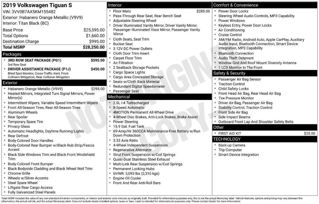 used 2019 Volkswagen Tiguan car, priced at $12,039