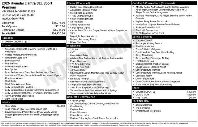 new 2026 Hyundai Elantra car, priced at $25,392