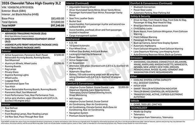 new 2026 Chevrolet Tahoe car, priced at $96,480