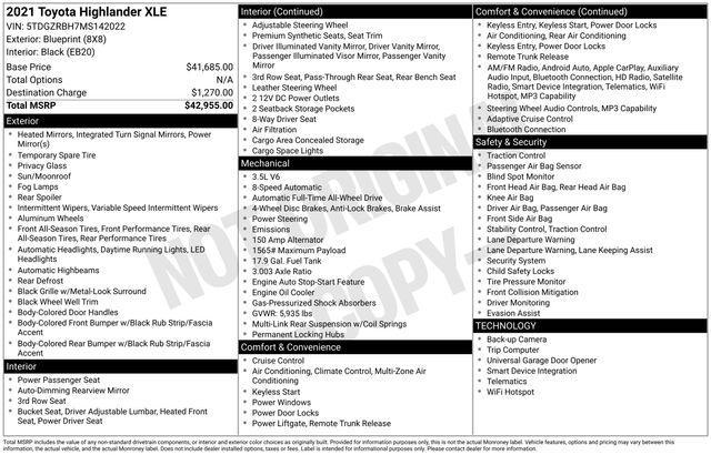 used 2021 Toyota Highlander car, priced at $29,981