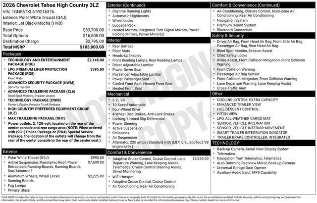 new 2026 Chevrolet Tahoe car, priced at $96,348