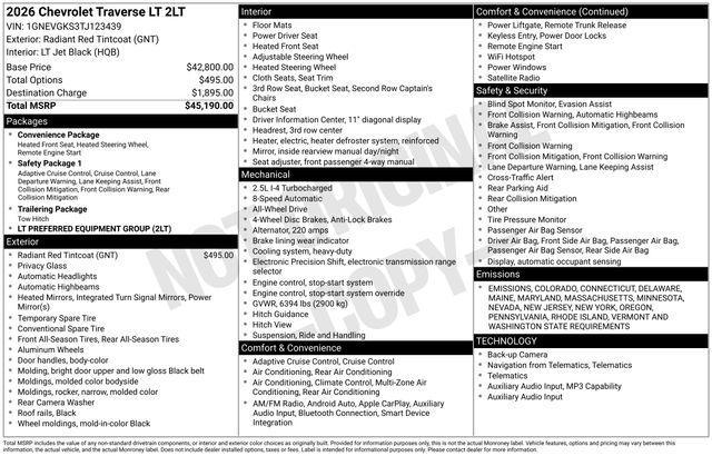 new 2026 Chevrolet Traverse car, priced at $43,716