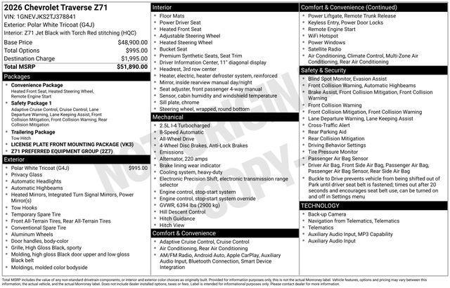 new 2026 Chevrolet Traverse car, priced at $48,135