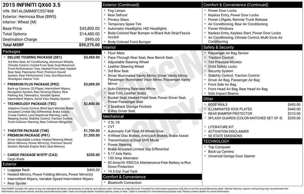 used 2015 INFINITI QX60 car, priced at $7,985