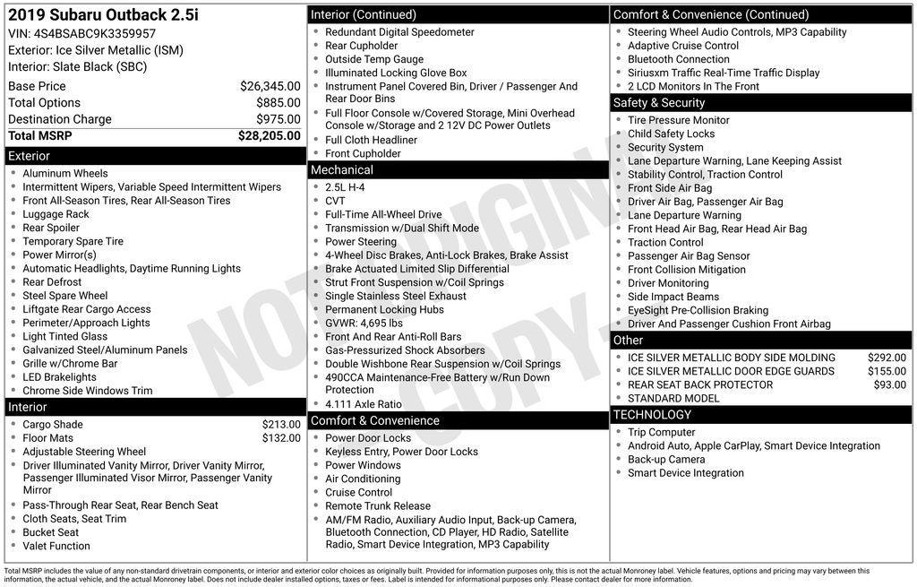 used 2019 Subaru Outback car, priced at $19,000