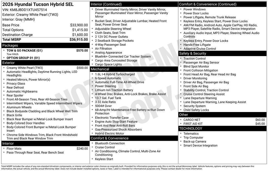 new 2026 Hyundai TUCSON Hybrid car, priced at $32,319
