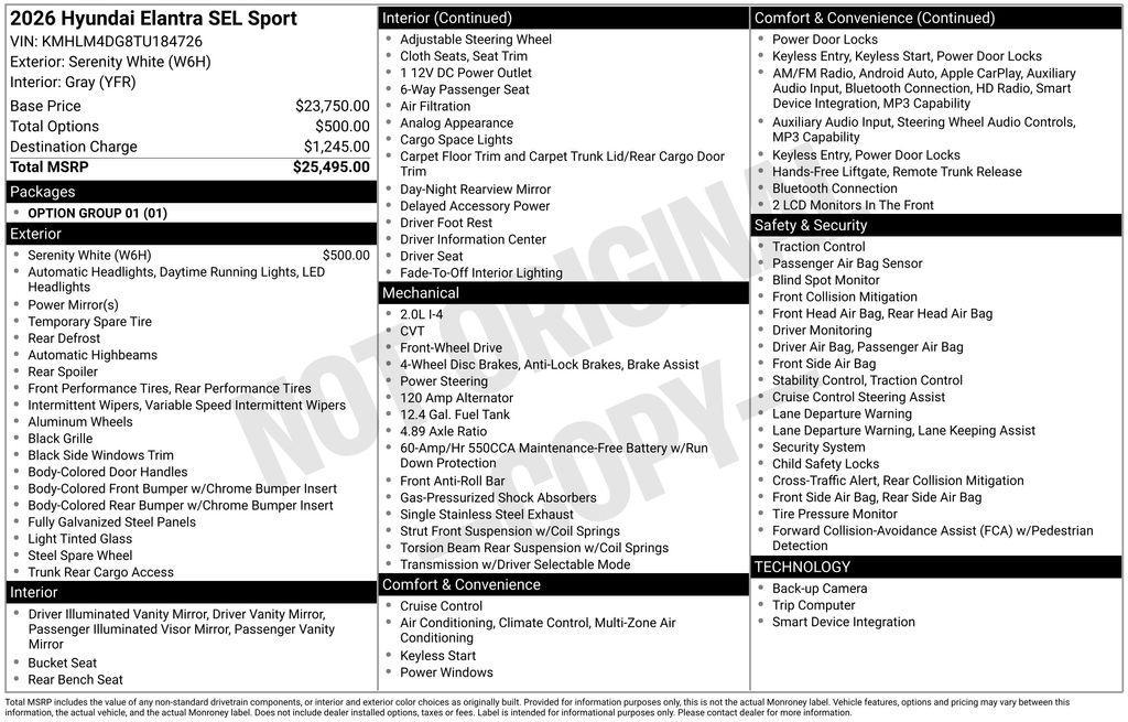 new 2026 Hyundai Elantra car, priced at $22,220